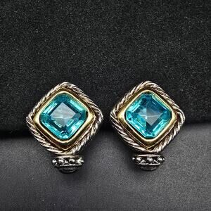 Gio Signed Blue Rhinestone Clip On Earrings Two Tone Metal